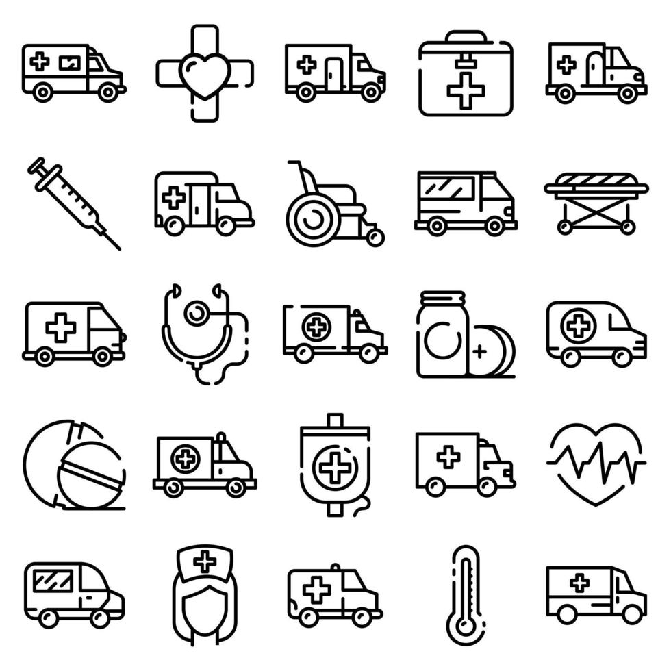 conjunto de iconos de ambulancia, estilo de esquema vector