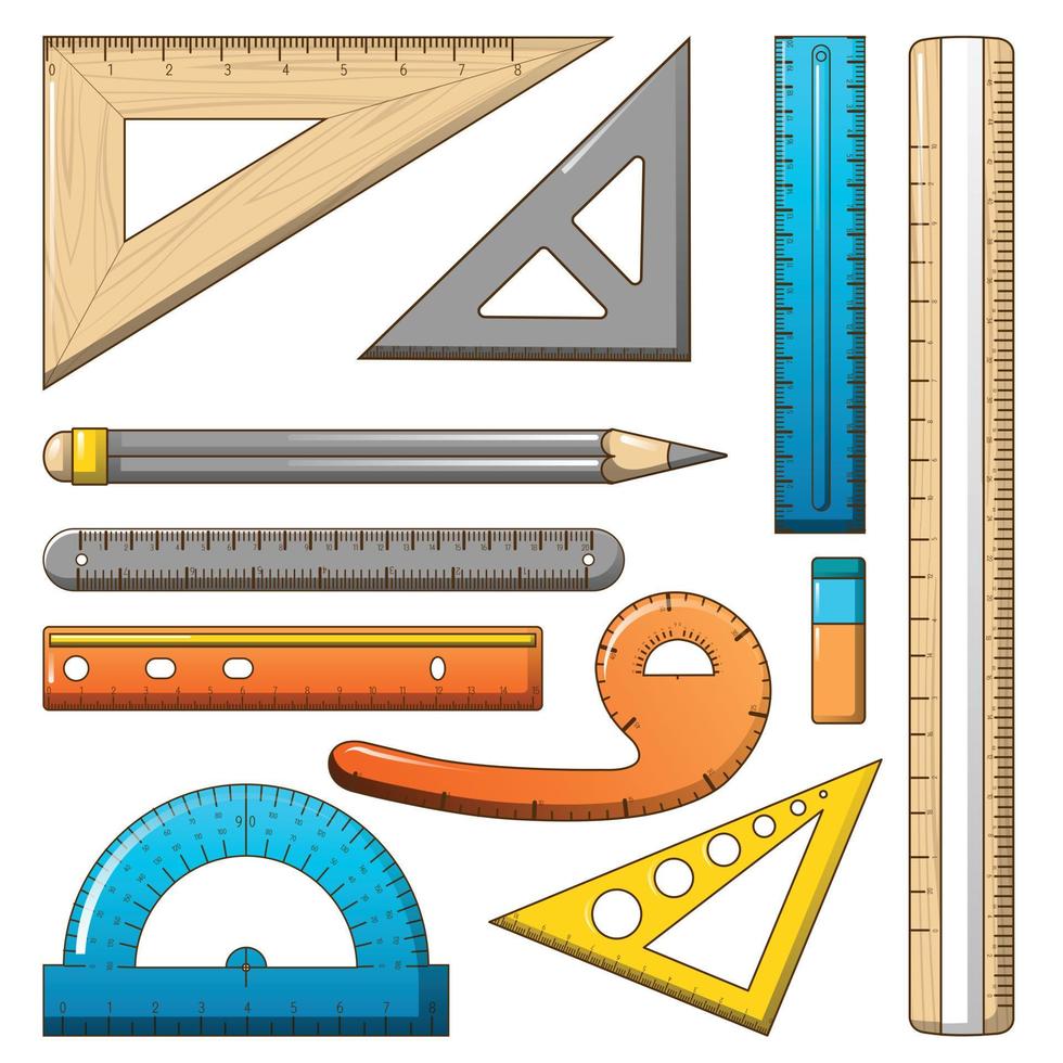 Ruler measure pencil icons set, cartoon style vector