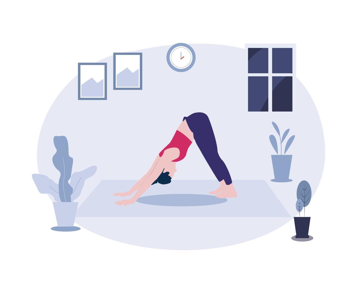 mujeres haciendo yoga en casa ilustración vector plantilla de diseño