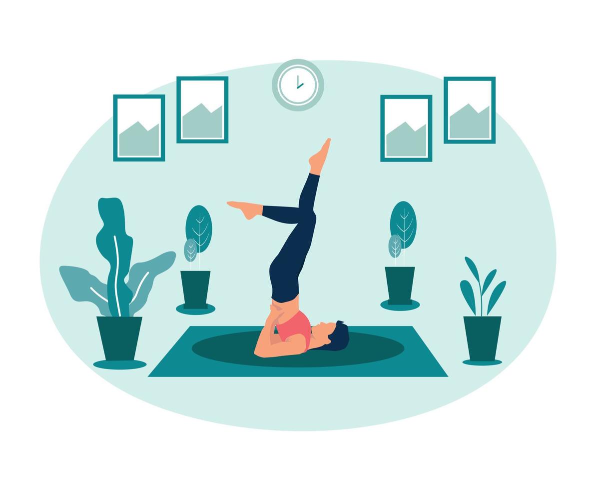 mujeres haciendo yoga en casa ilustración vector plantilla de diseño