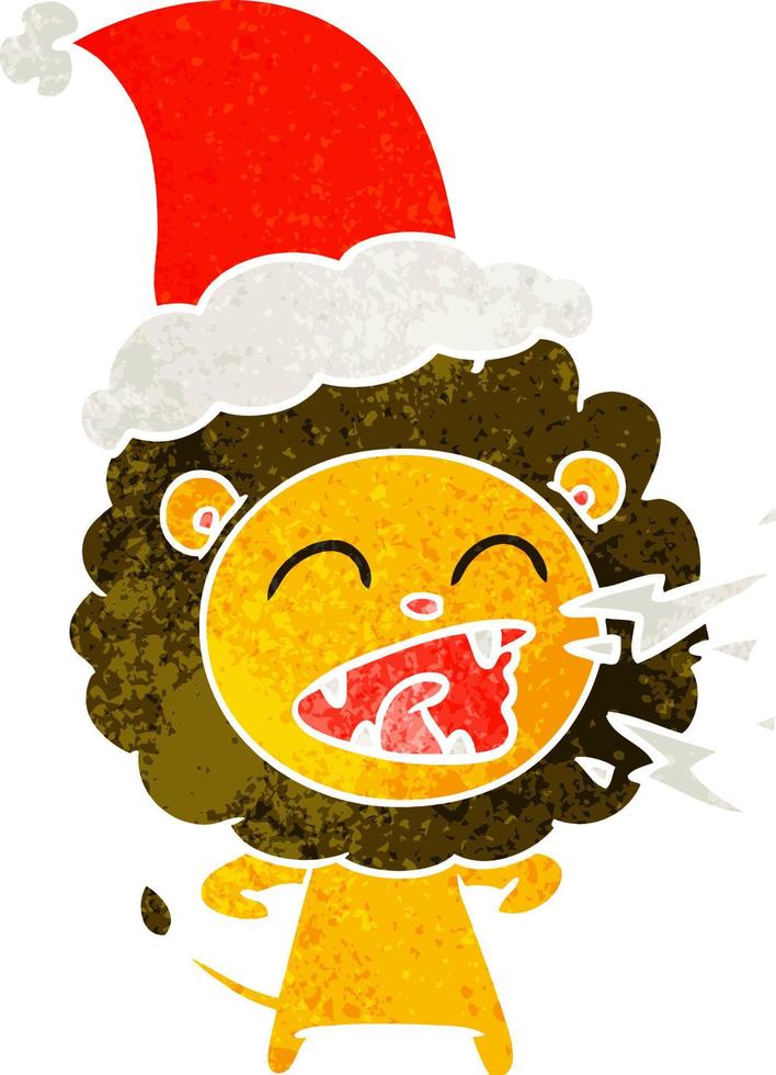 retro cartoon of a roaring lion wearing santa hat vector