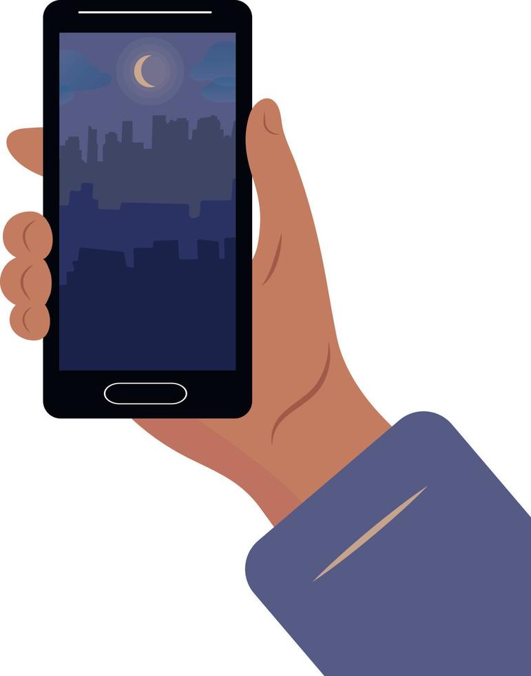 Mobile phone in a man's hand. Watching a movie. Vector flat illustration.