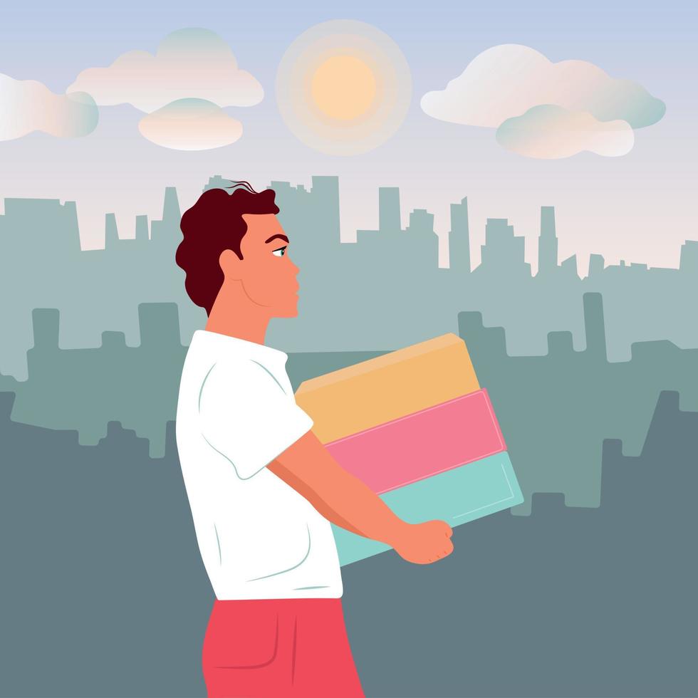 The guy carries boxes, a gift. Delivery of parcels day and night. Vector flat