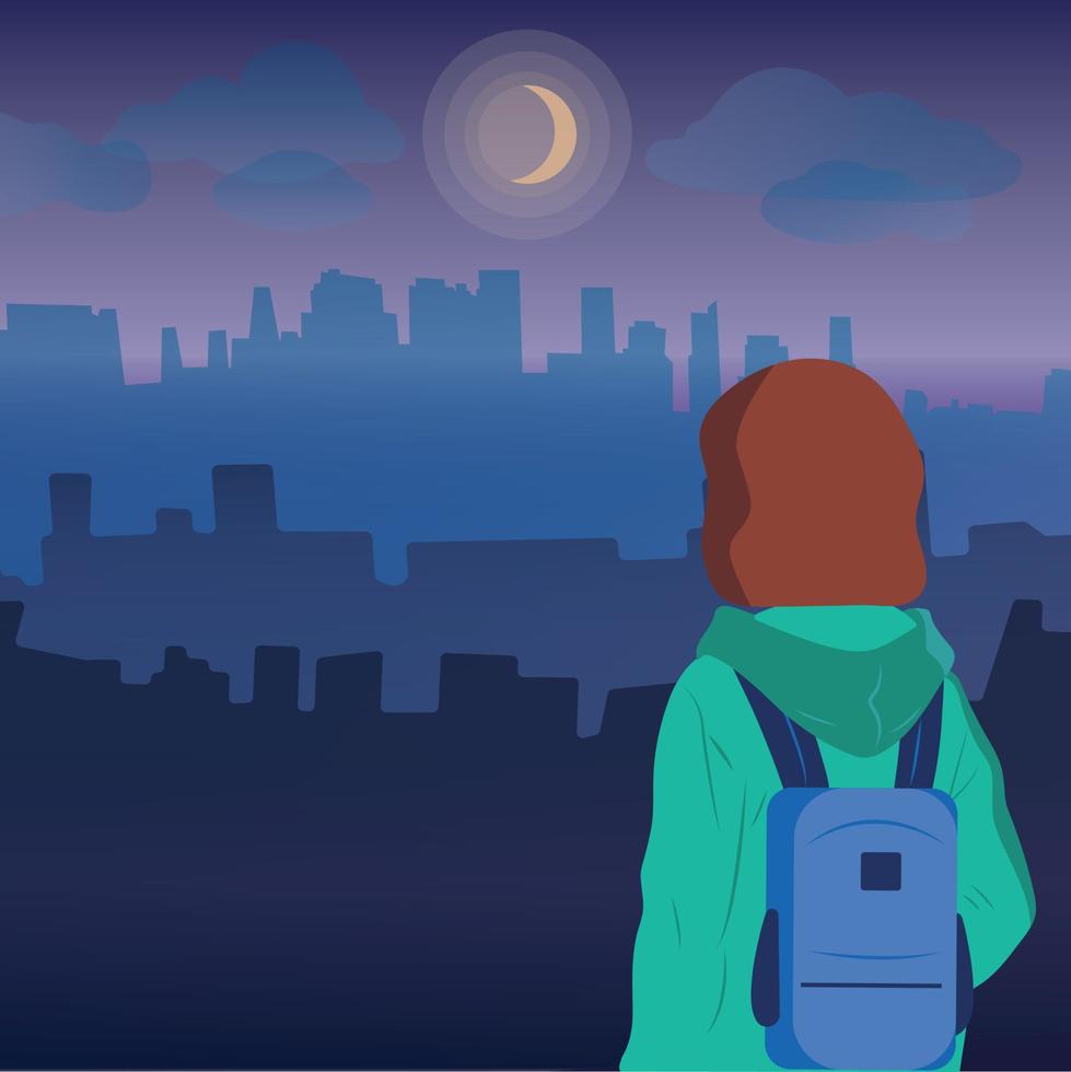 Girl schoolgirl with a backpack looks into the distance. Vector illustration. Childhood protection.