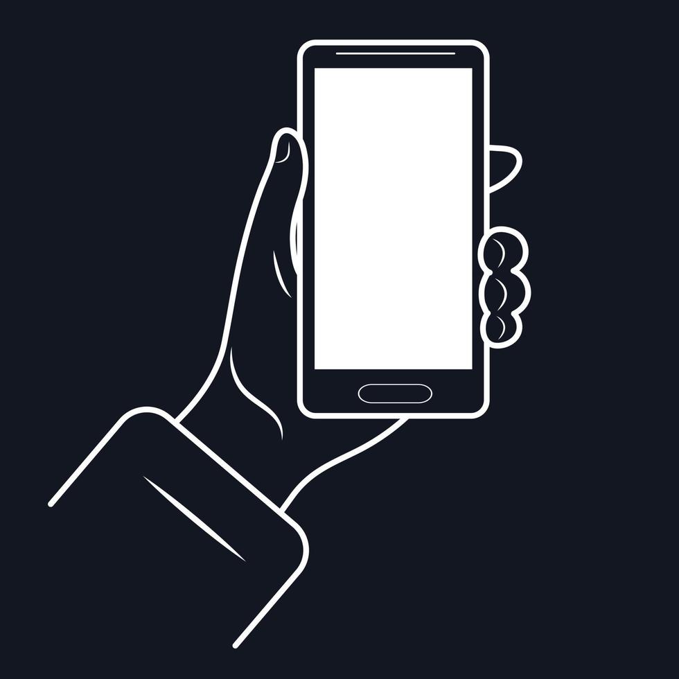 Mobile phone in the hand of a man or woman.Hand-drawing line black and white illustration. vector