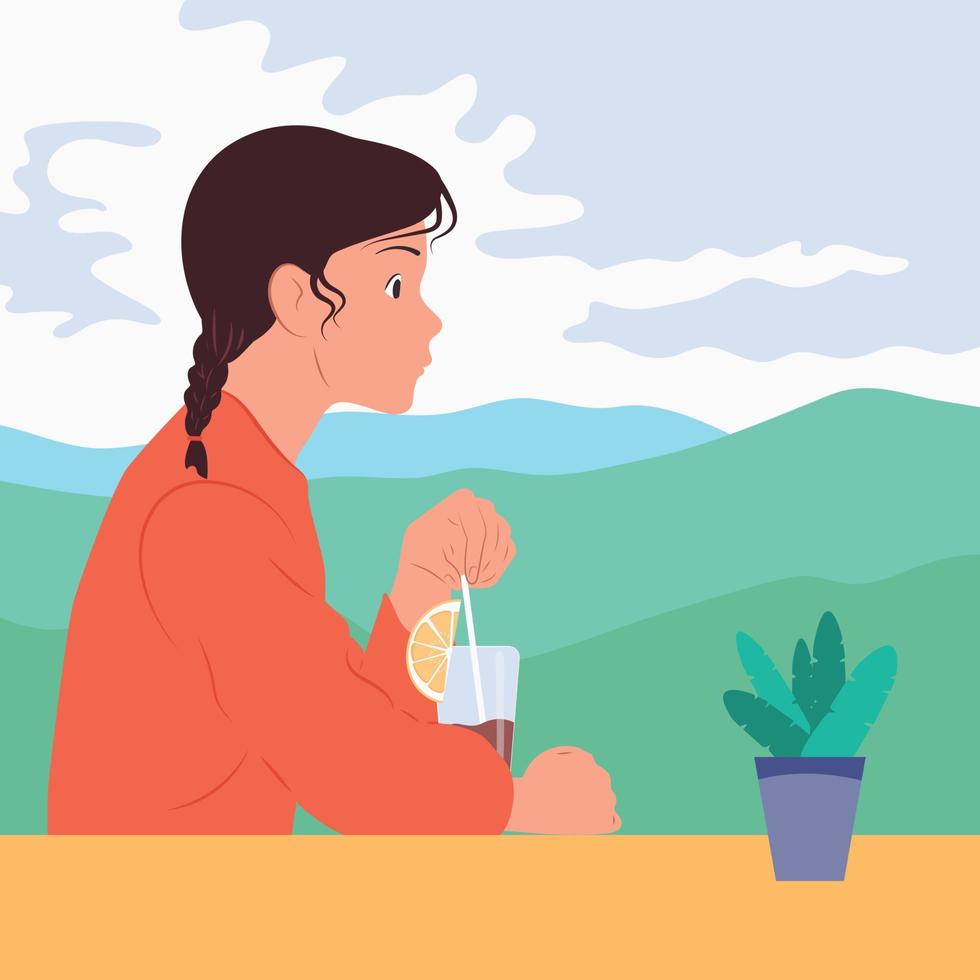 The girl drinks a drink at the table. Mountain landscape against the background of white clouds. vector
