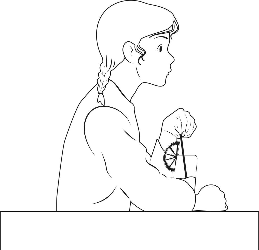 Black and white lines.Girl drinks a drink at the table. vector