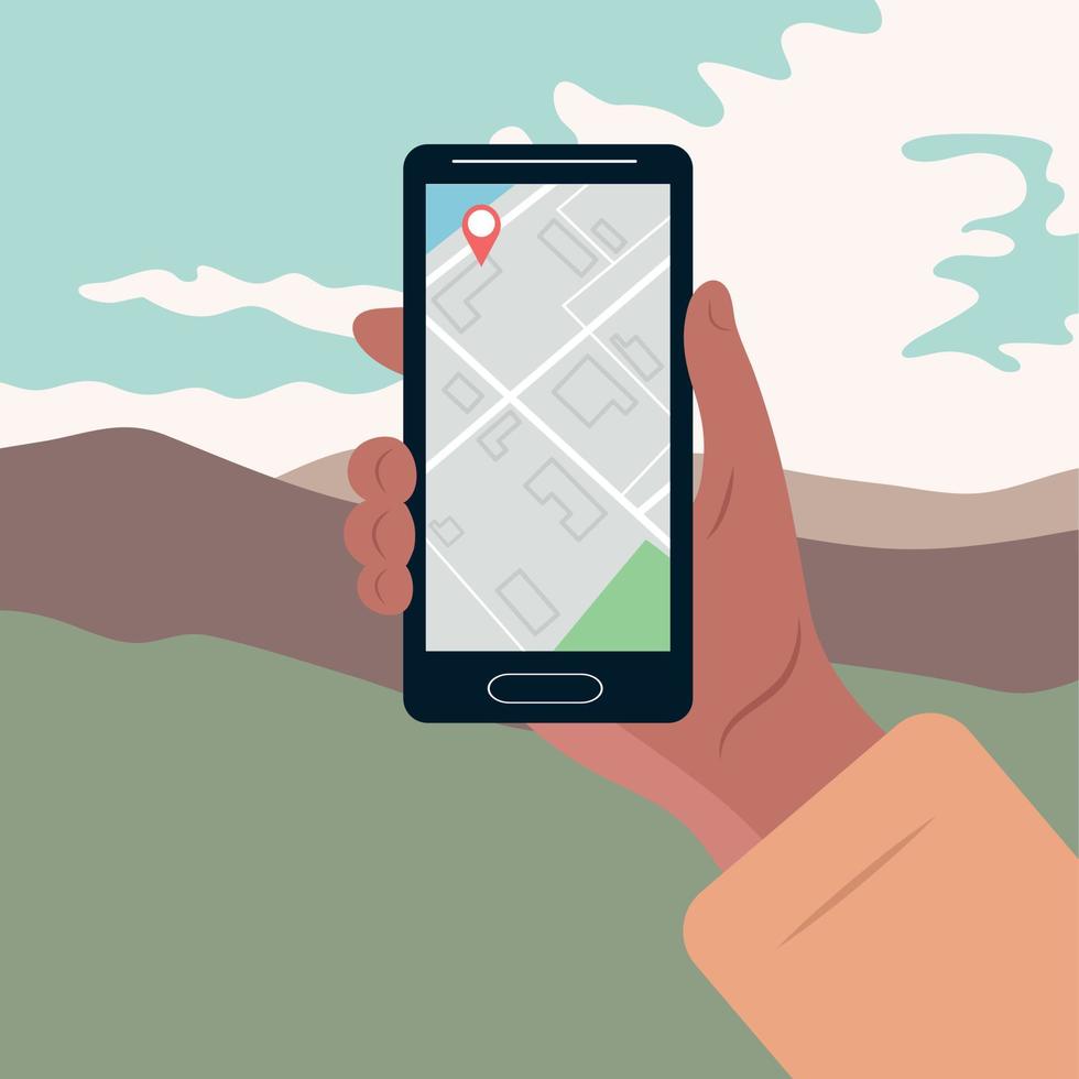 The hand holds a smartphone, maps,geolocation.Mountain landscape against the background of clouds. Vector color illustration.