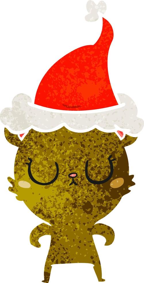 peaceful retro cartoon of a bear wearing santa hat vector