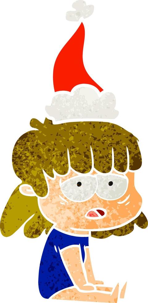 retro cartoon of a tired woman wearing santa hat vector