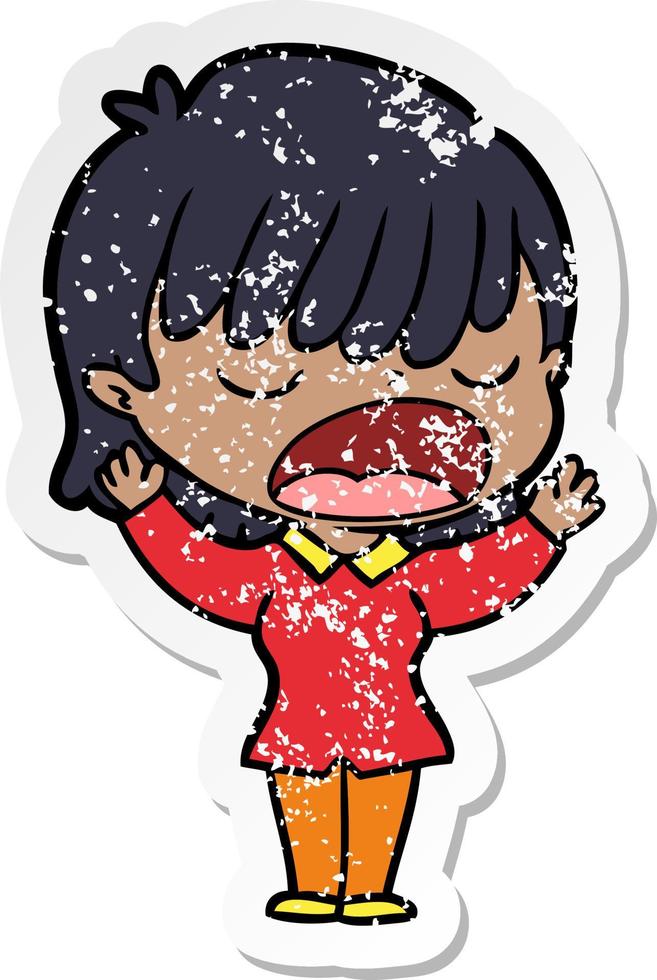 distressed sticker of a cartoon woman talking loudly vector