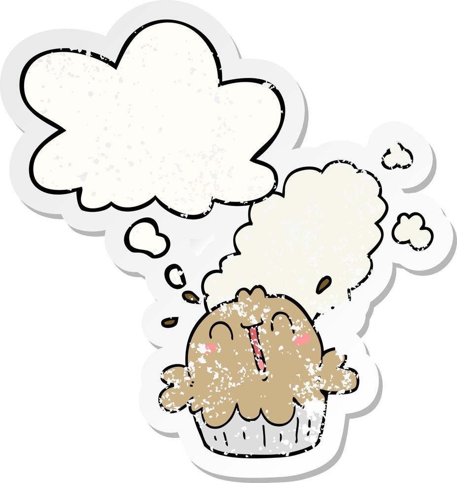 cute cartoon pie and thought bubble as a distressed worn sticker vector