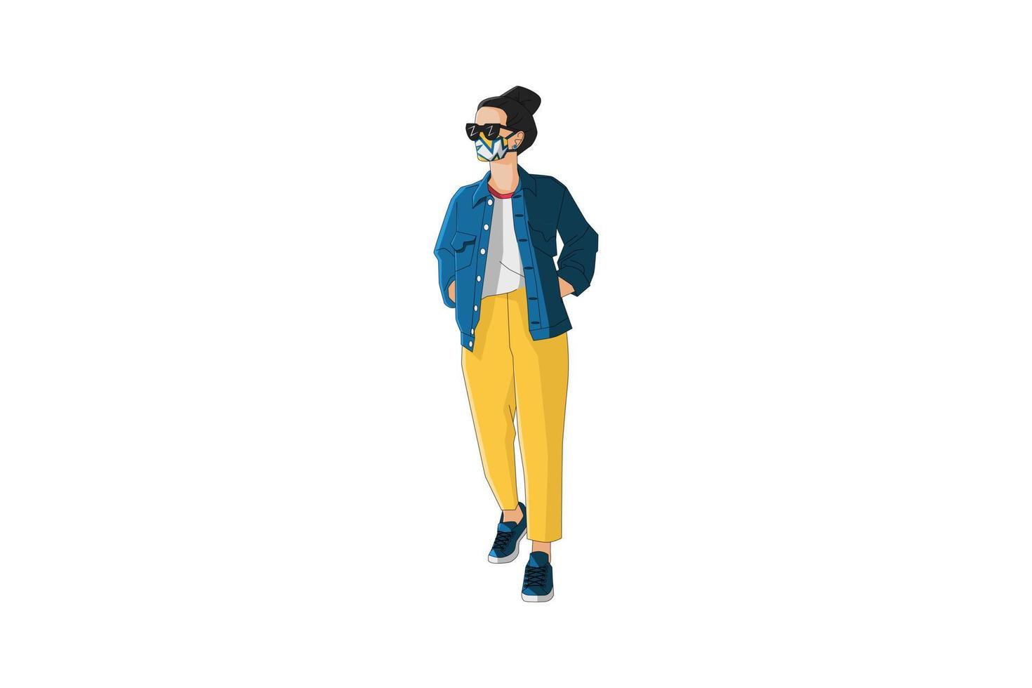 ilustración vectorial de mujeres casuales caminando con máscara vector