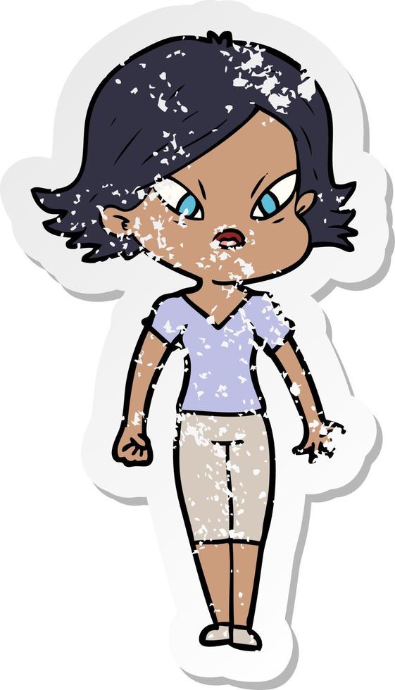 distressed sticker of a cartoon stressed woman vector