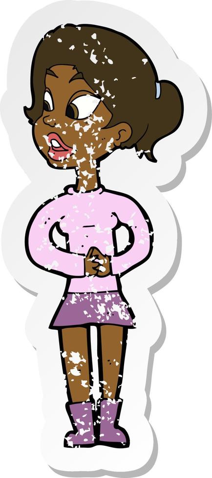 retro distressed sticker of a cartoon girl talking vector