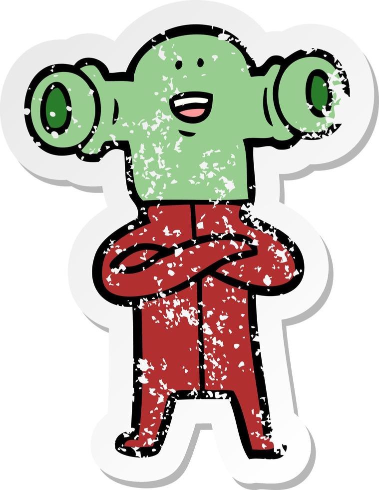 distressed sticker of a friendly cartoon alien vector