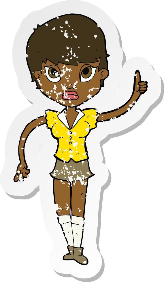 retro distressed sticker of a cartoon pretty woman with idea vector