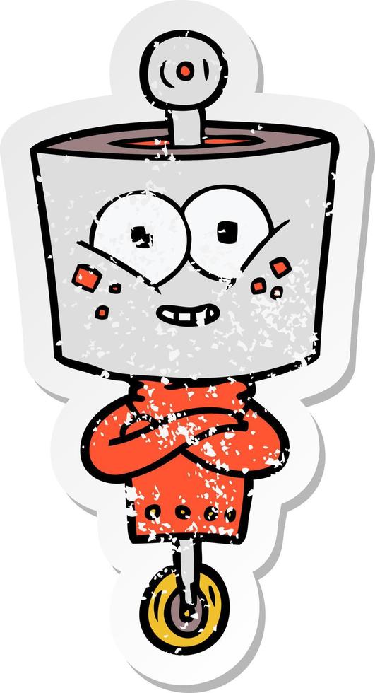 distressed sticker of a happy cartoon robot vector