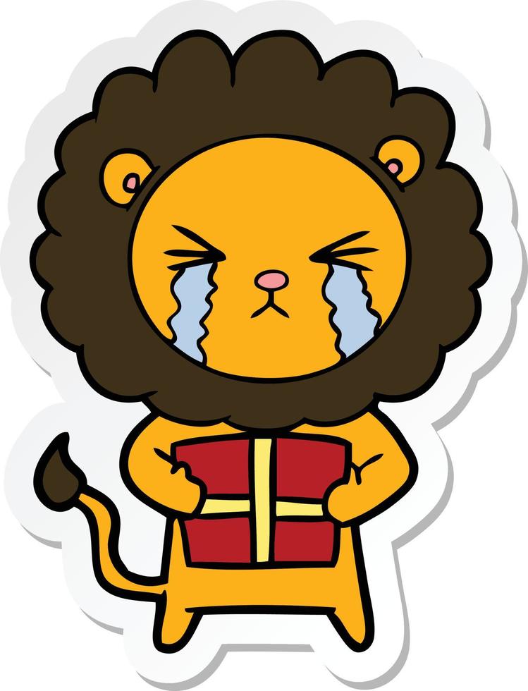 sticker of a cartoon crying lion with gift vector