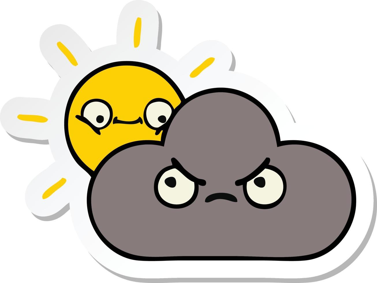 sticker of a cute cartoon storm cloud and sun vector