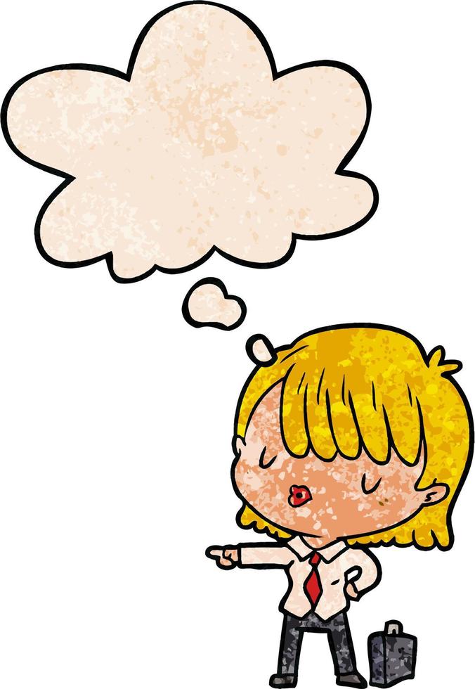 cartoon efficient businesswoman and thought bubble in grunge texture pattern style vector