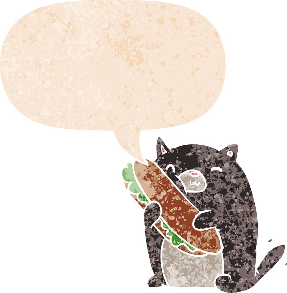 cartoon cat with sandwich and speech bubble in retro textured style vector