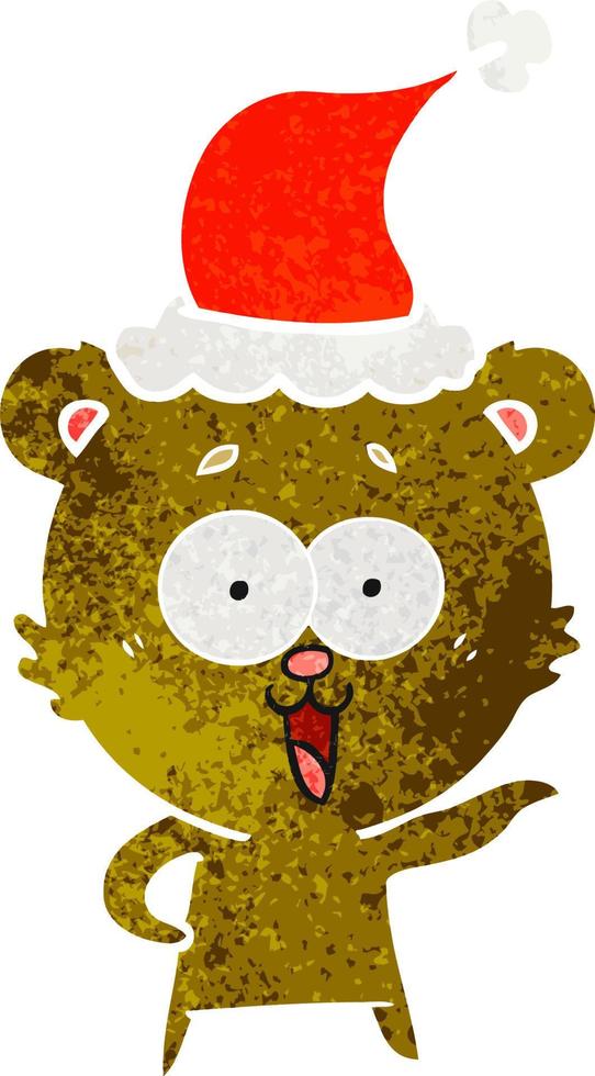 laughing teddy  bear retro cartoon of a wearing santa hat vector