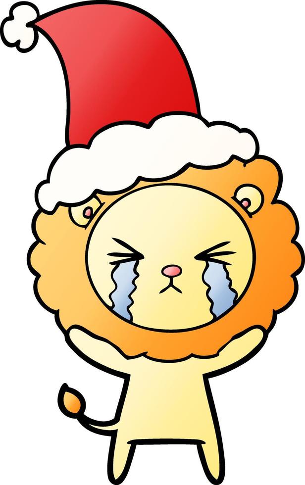 gradient cartoon of a crying lion wearing santa hat vector