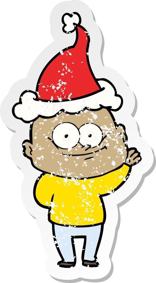 distressed sticker cartoon of a bald man staring wearing santa hat vector