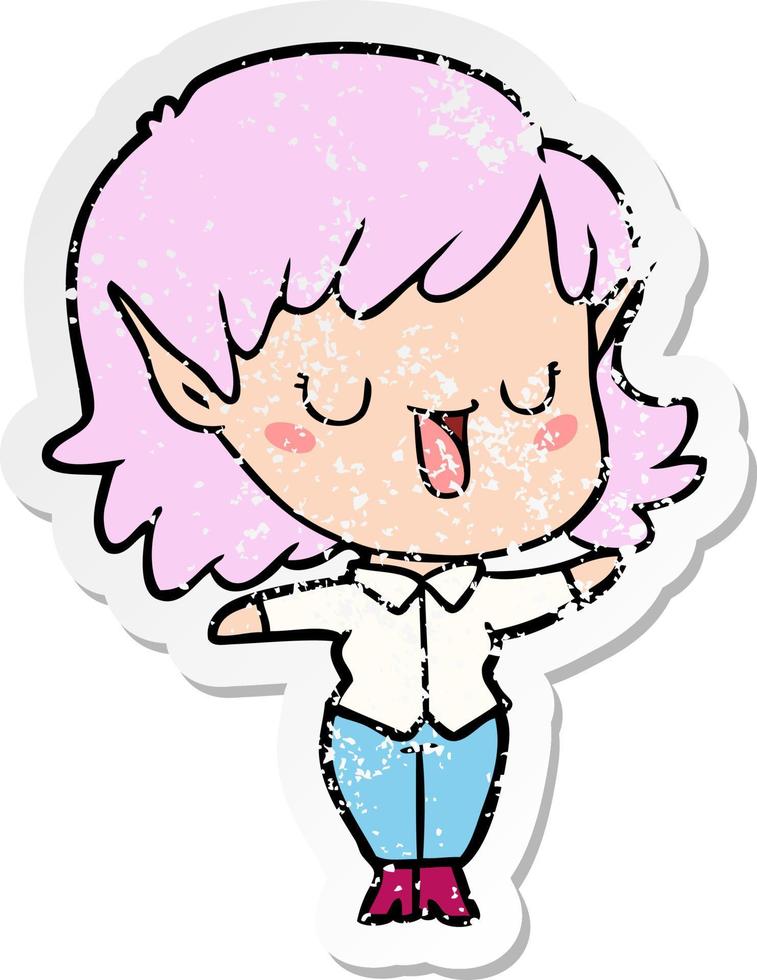 distressed sticker of a cartoon elf girl vector