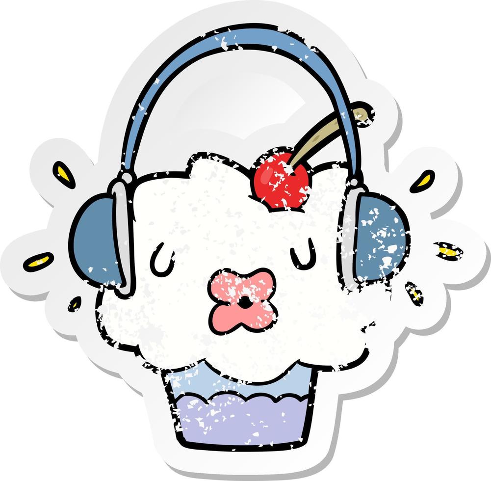 distressed sticker of a cartoon cupcake listening to music vector
