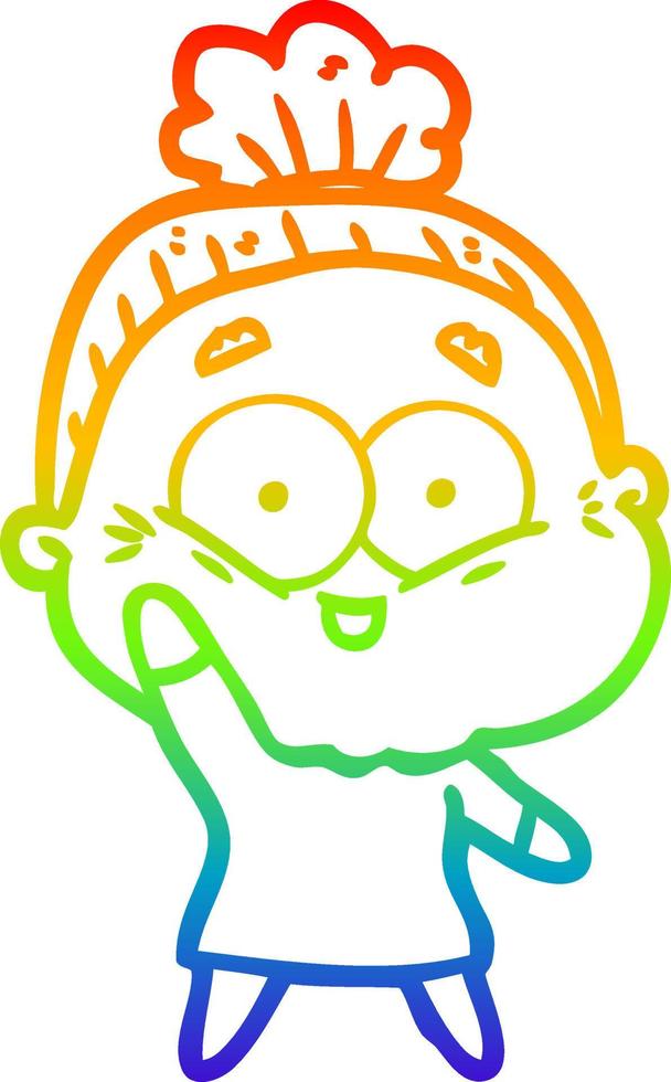 rainbow gradient line drawing cartoon happy old woman vector