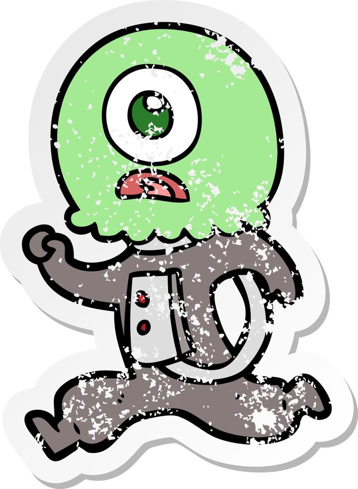 distressed sticker of a cartoon cyclops alien spaceman running vector