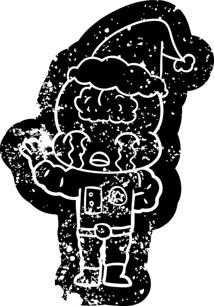cartoon distressed icon of a big brain alien crying wearing santa hat vector