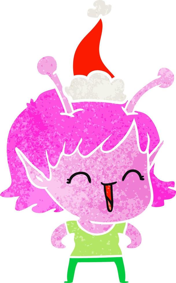 retro cartoon of a alien girl laughing wearing santa hat vector