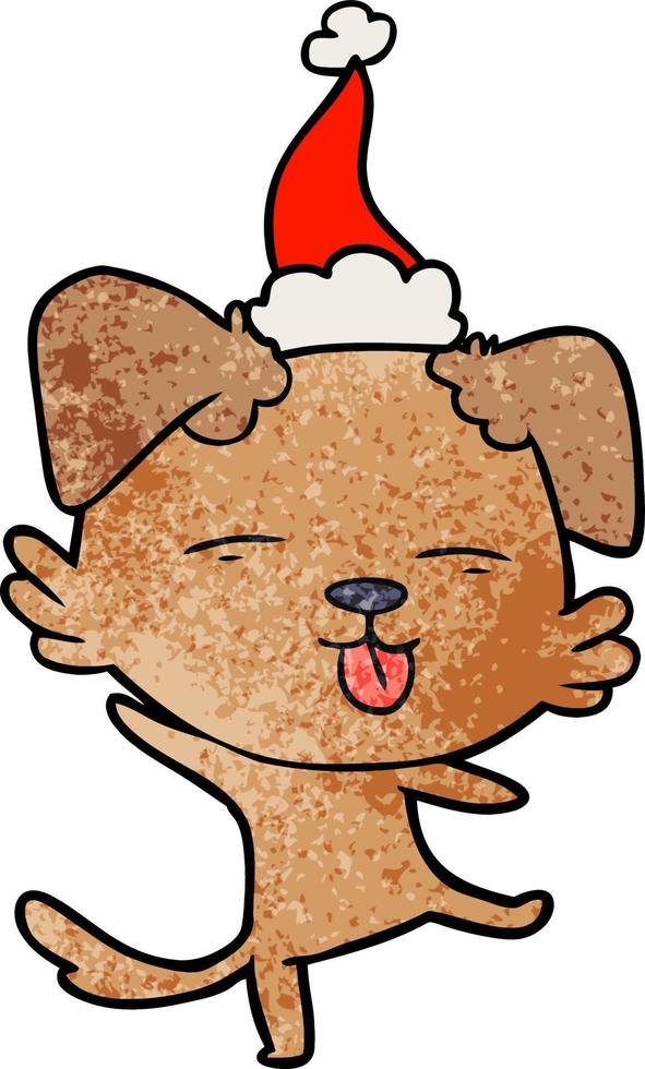 textured cartoon of a dancing dog wearing santa hat vector