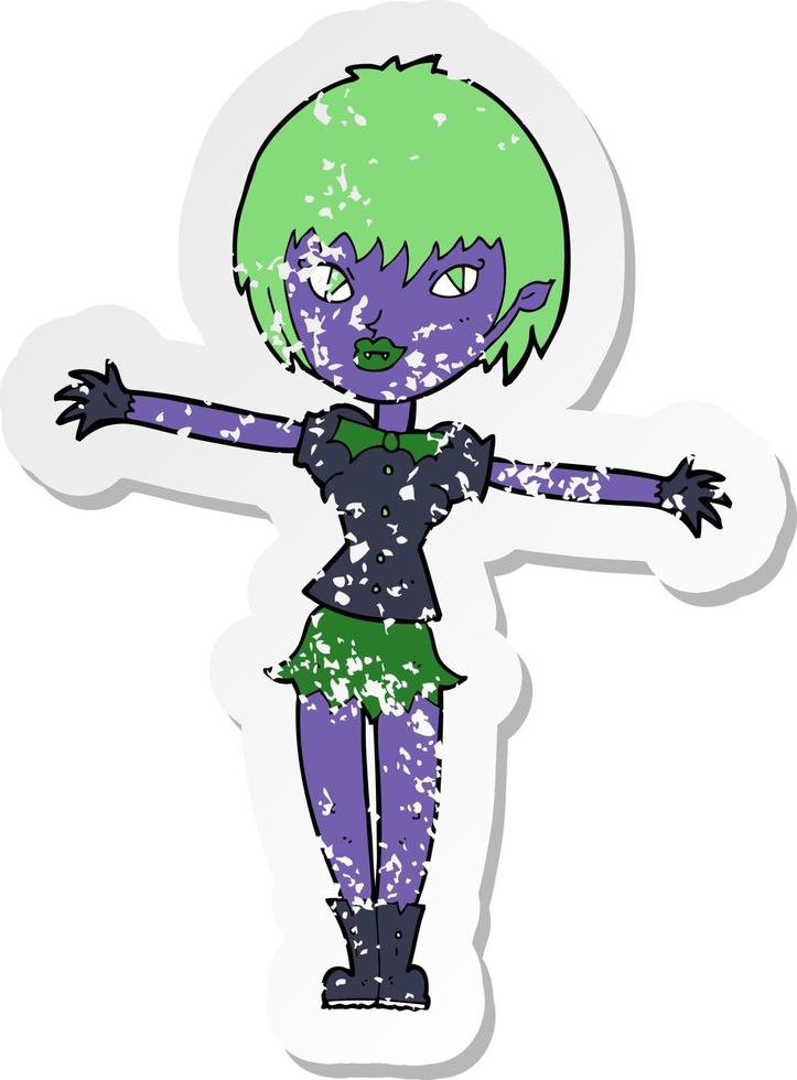 retro distressed sticker of a cartoon vampire girl vector