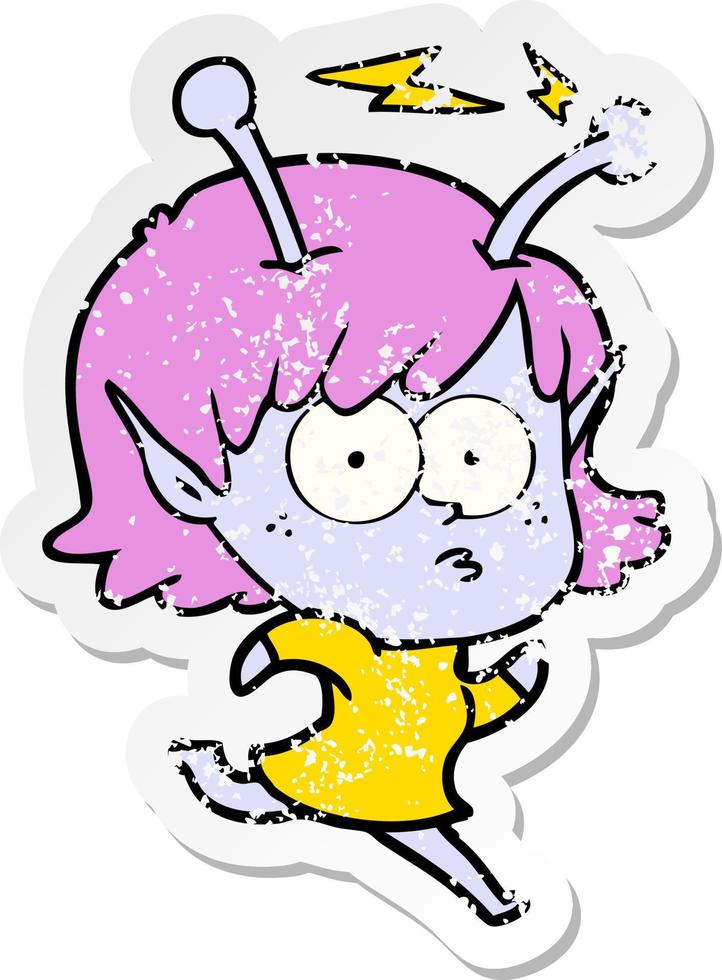 distressed sticker of a cartoon alien girl vector