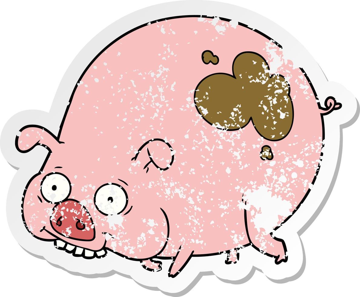 distressed sticker of a cartoon muddy pig vector