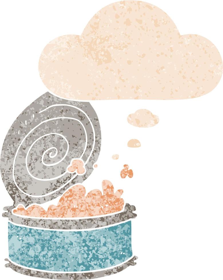 cartoon canned fish and thought bubble in retro textured style vector