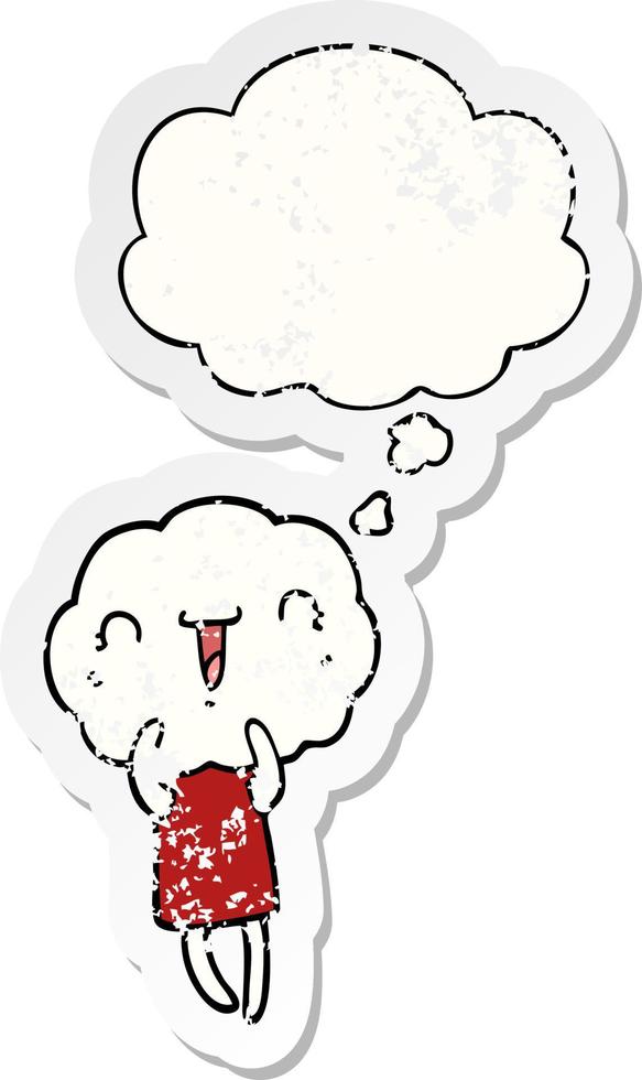 cute cartoon cloud head creature and thought bubble as a distressed worn sticker vector