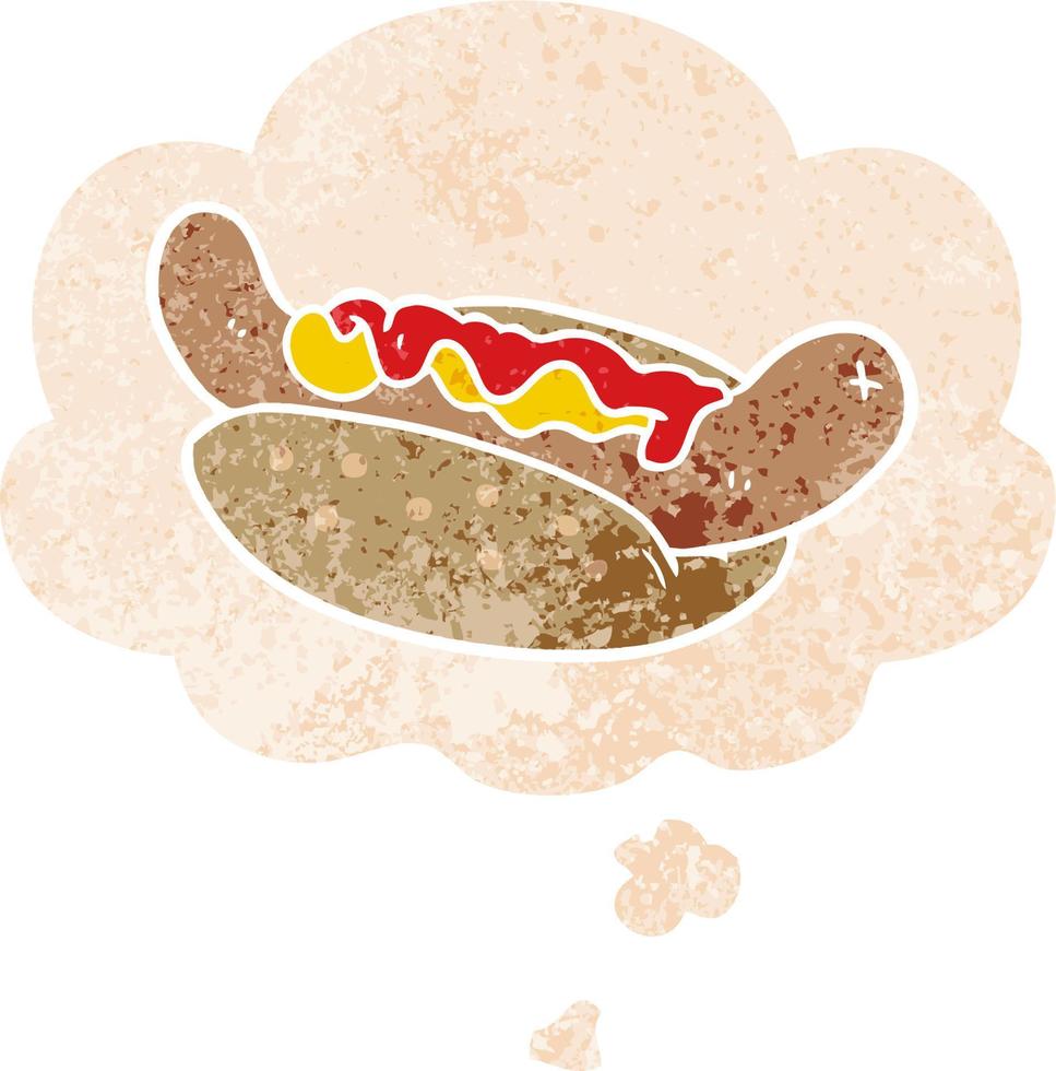 cartoon hot dog and thought bubble in retro textured style vector