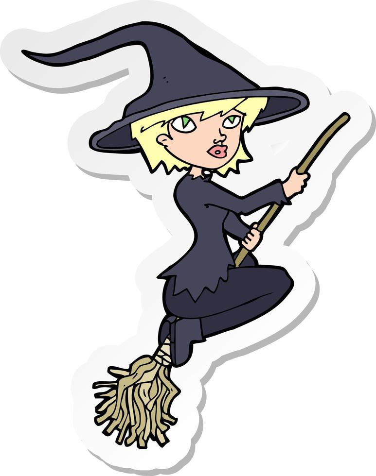 sticker of a cartoon witch riding broomstick vector