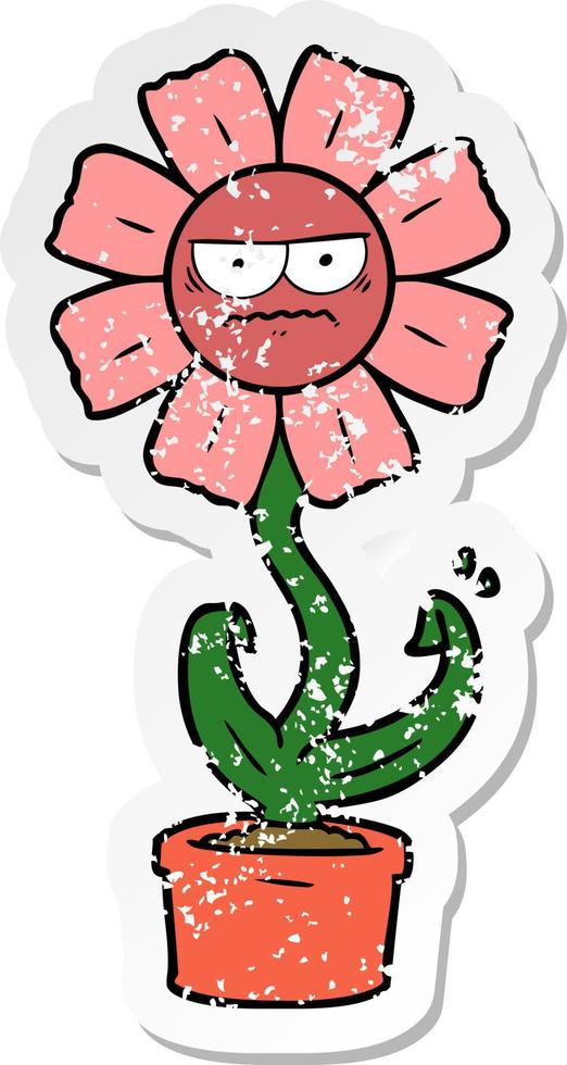 distressed sticker of a angry cartoon flower vector