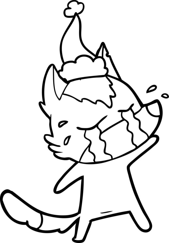 line drawing of a crying wolf wearing santa hat vector