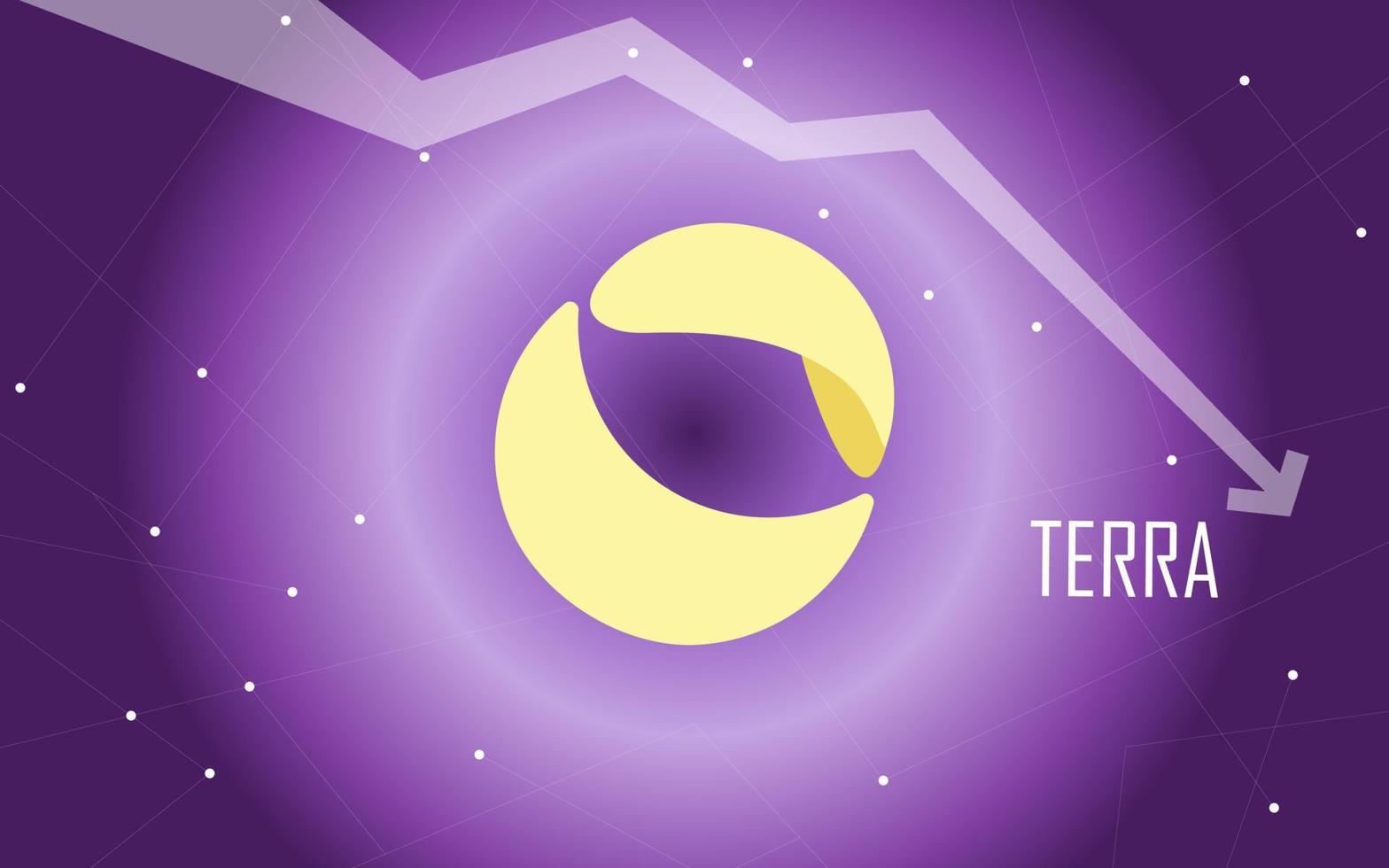 Terra LUNA downtrend, price falls down. Vector banner on gradient lilac background. The symbol of the cryptocurrency coin and the down arrow. The trade crisis and the collapse of the cryptocurrency.