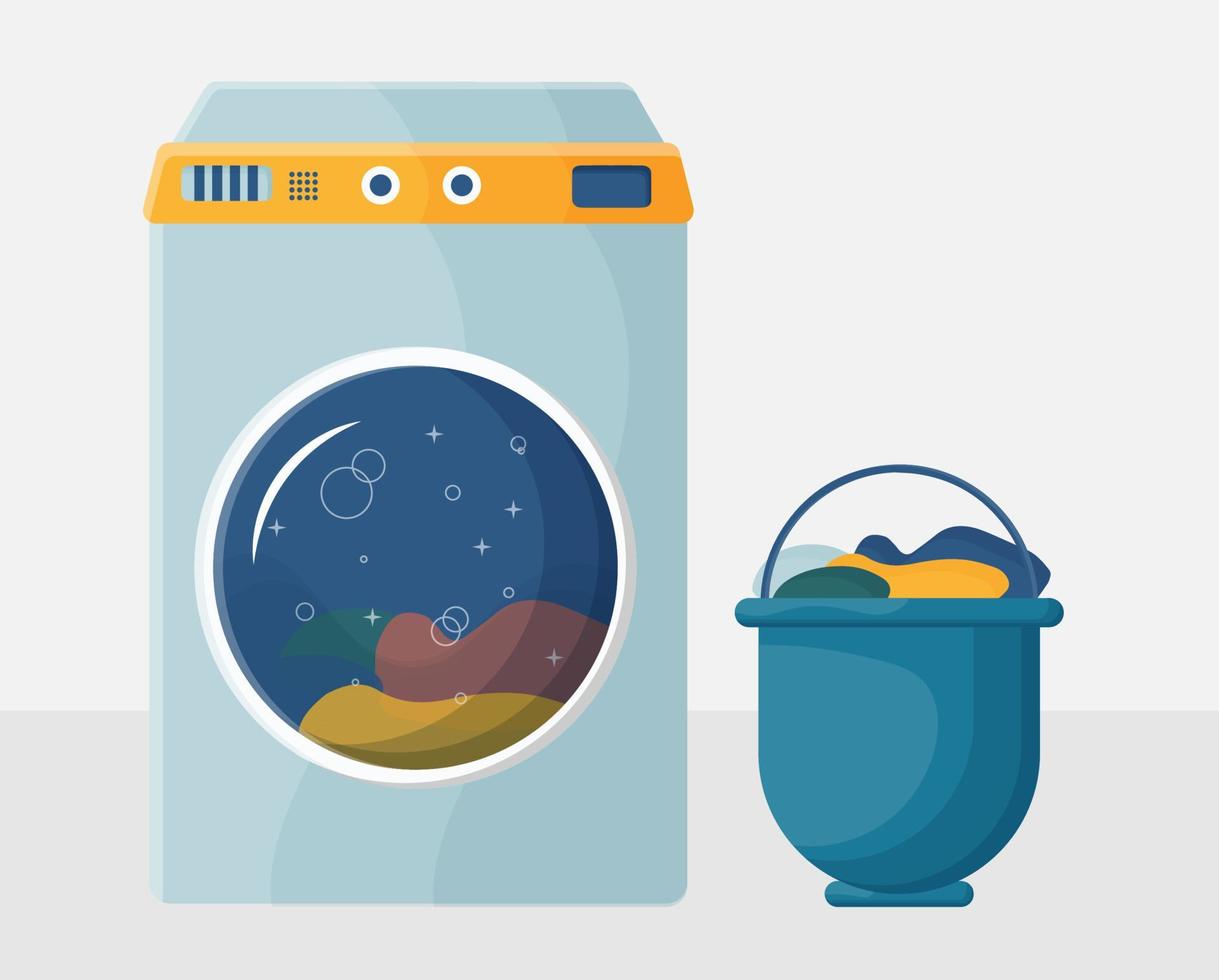 Laundry day at home. A set of vector illustrations with a washing machine, laundry and cleaning products, dirty clean linen. The concept of cleaning the apartment.