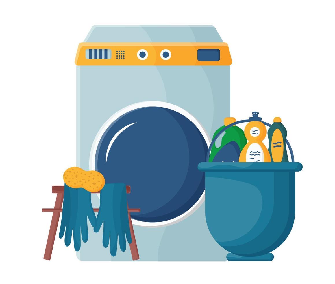 Laundry day at home. A set of vector illustrations with a washing machine, laundry and cleaning products, dirty clean linen. The concept of cleaning the apartment.