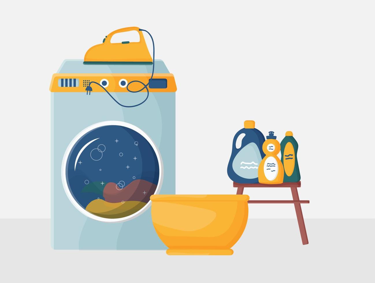 Laundry day at home. A set of vector illustrations with a washing machine, laundry and cleaning products, dirty clean linen. The concept of cleaning the apartment.