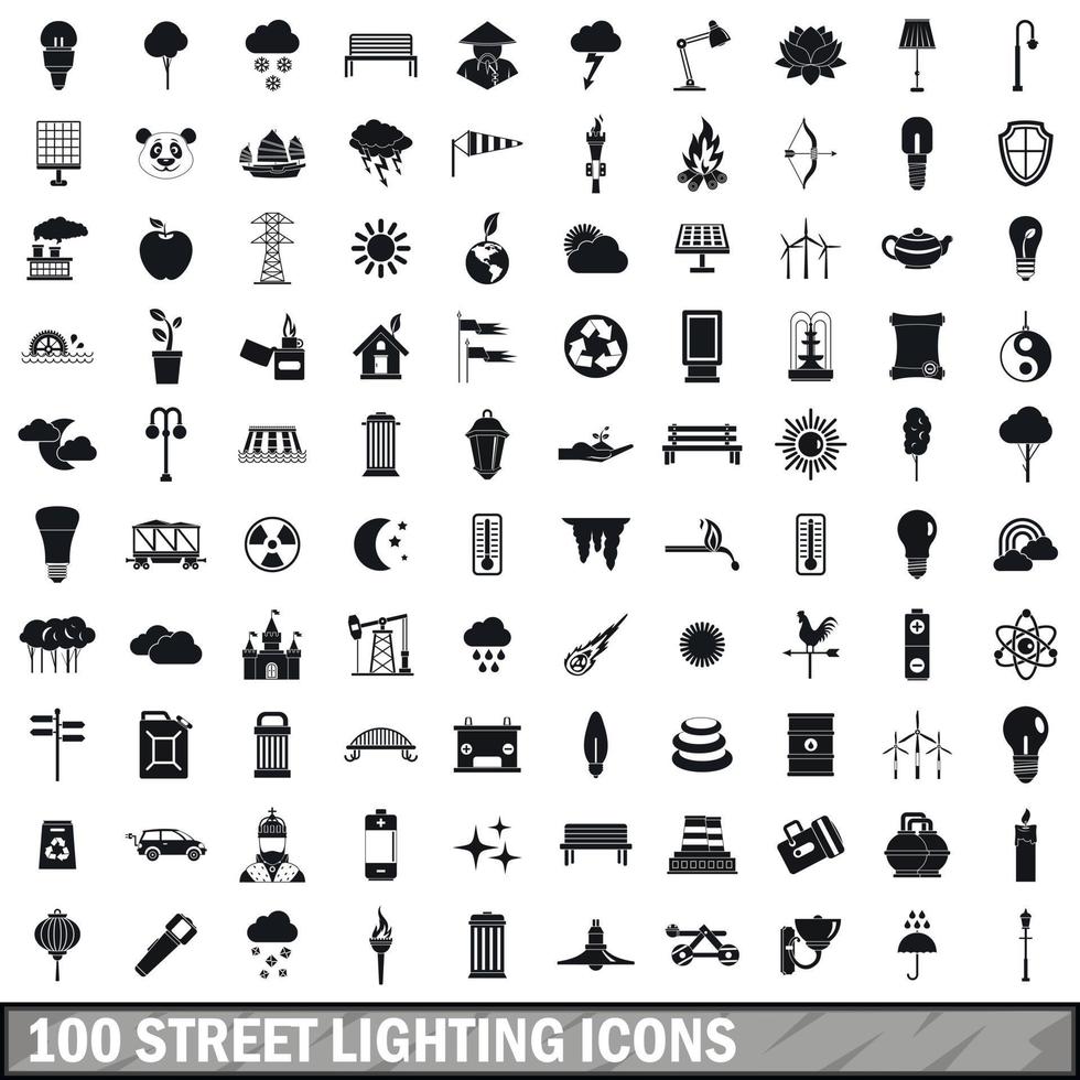 100 street lighting icons set, simple style vector